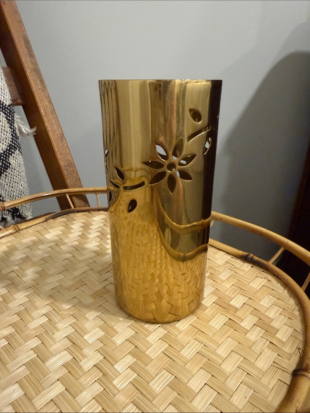 Vintage Polished Brass Candle Sleeve Lantern Shade Floral Cutout Votive Holder